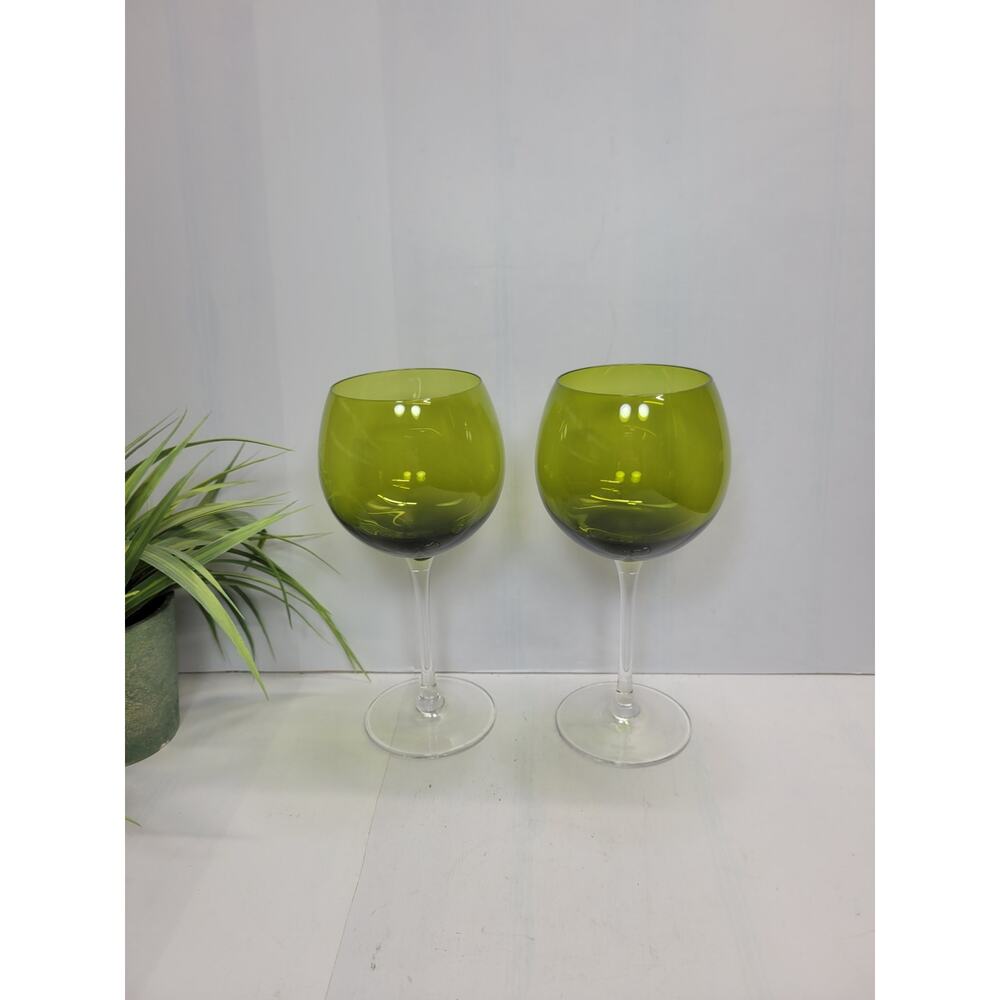 2 Vintage Avocado Green Balloon Stemmed Goblets